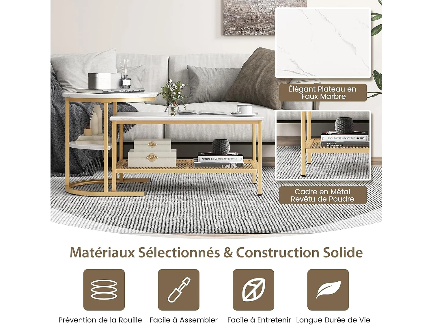 Tables Basses Gigognes Lot de 2, Table Gigogne Design Marbre, Cadre en Métal Doré, Table Basse Salon Rectangulaire, Table d'Appoint Ronde pour Canapé, Salon, Chambre