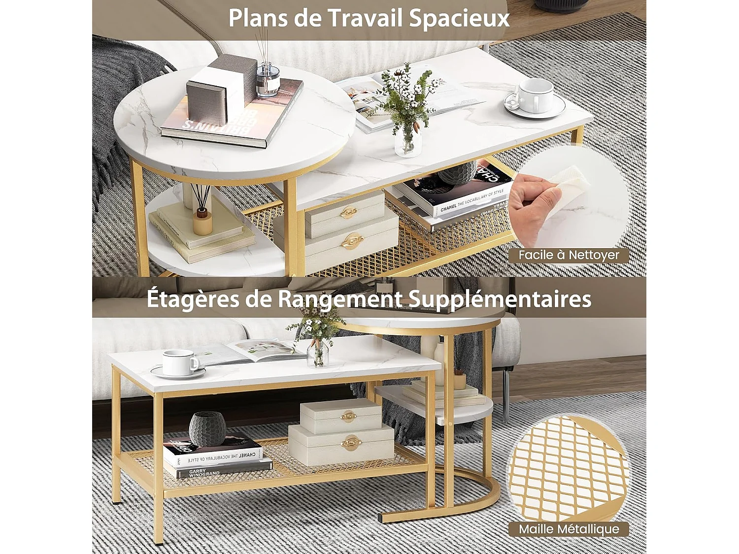 Tables Basses Gigognes Lot de 2, Table Gigogne Design Marbre, Cadre en Métal Doré, Table Basse Salon Rectangulaire, Table d'Appoint Ronde pour Canapé, Salon, Chambre