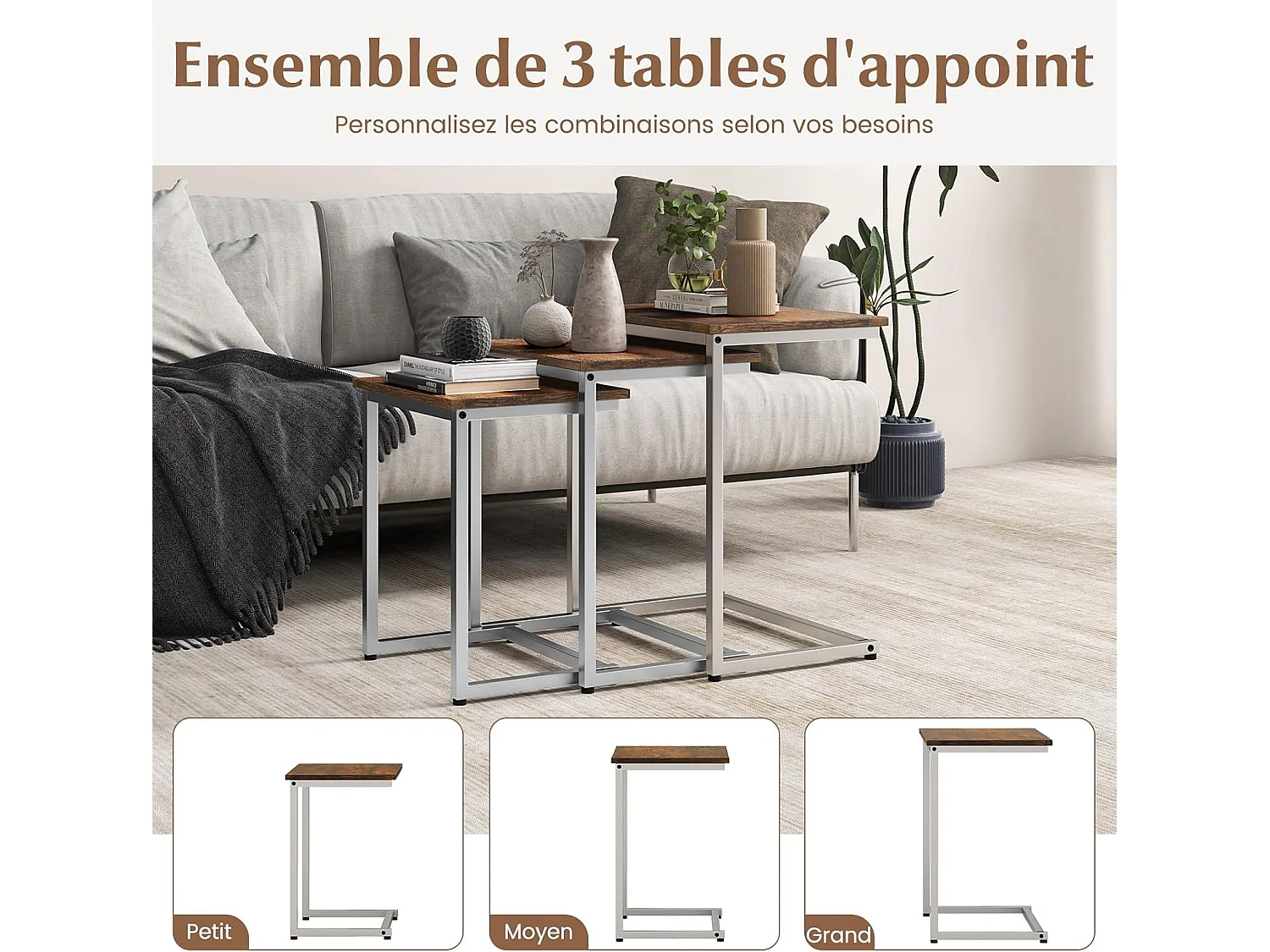 Tables basses gigognes lot de 3, table gigogne en métal,  50/44/38 cm, en forme c (gris)