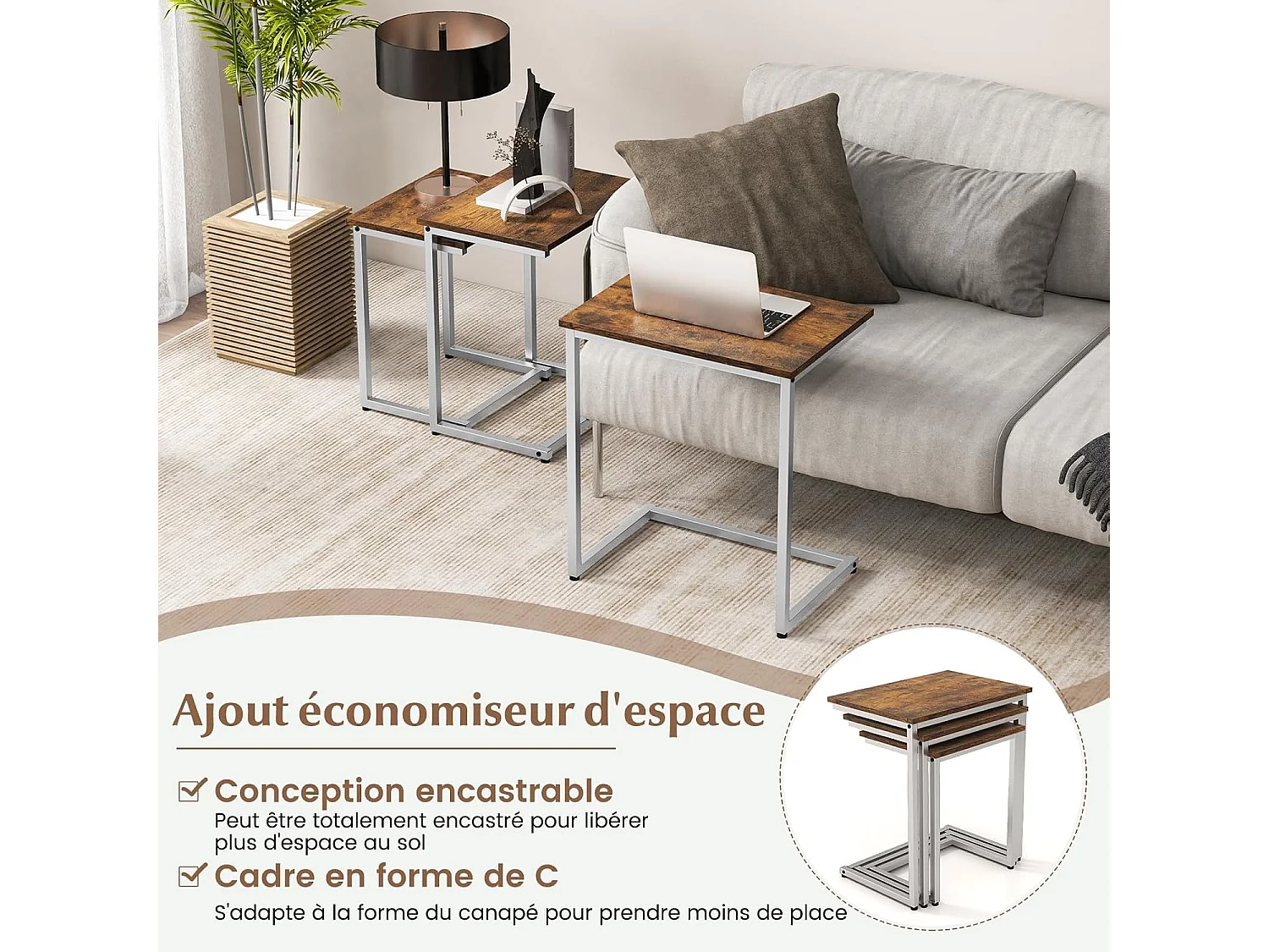 Tables basses gigognes lot de 3, table gigogne en métal,  50/44/38 cm, en forme c (gris)