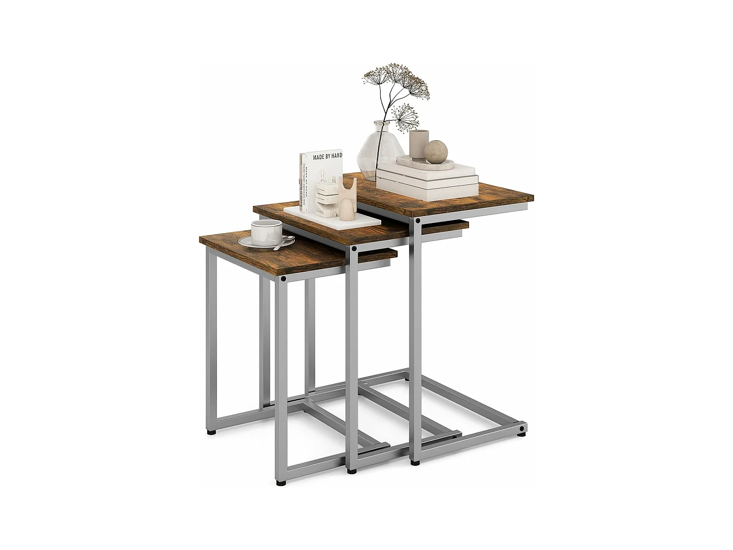 Tables basses gigognes lot de 3, table gigogne en métal,  50/44/38 cm, en forme c (gris)