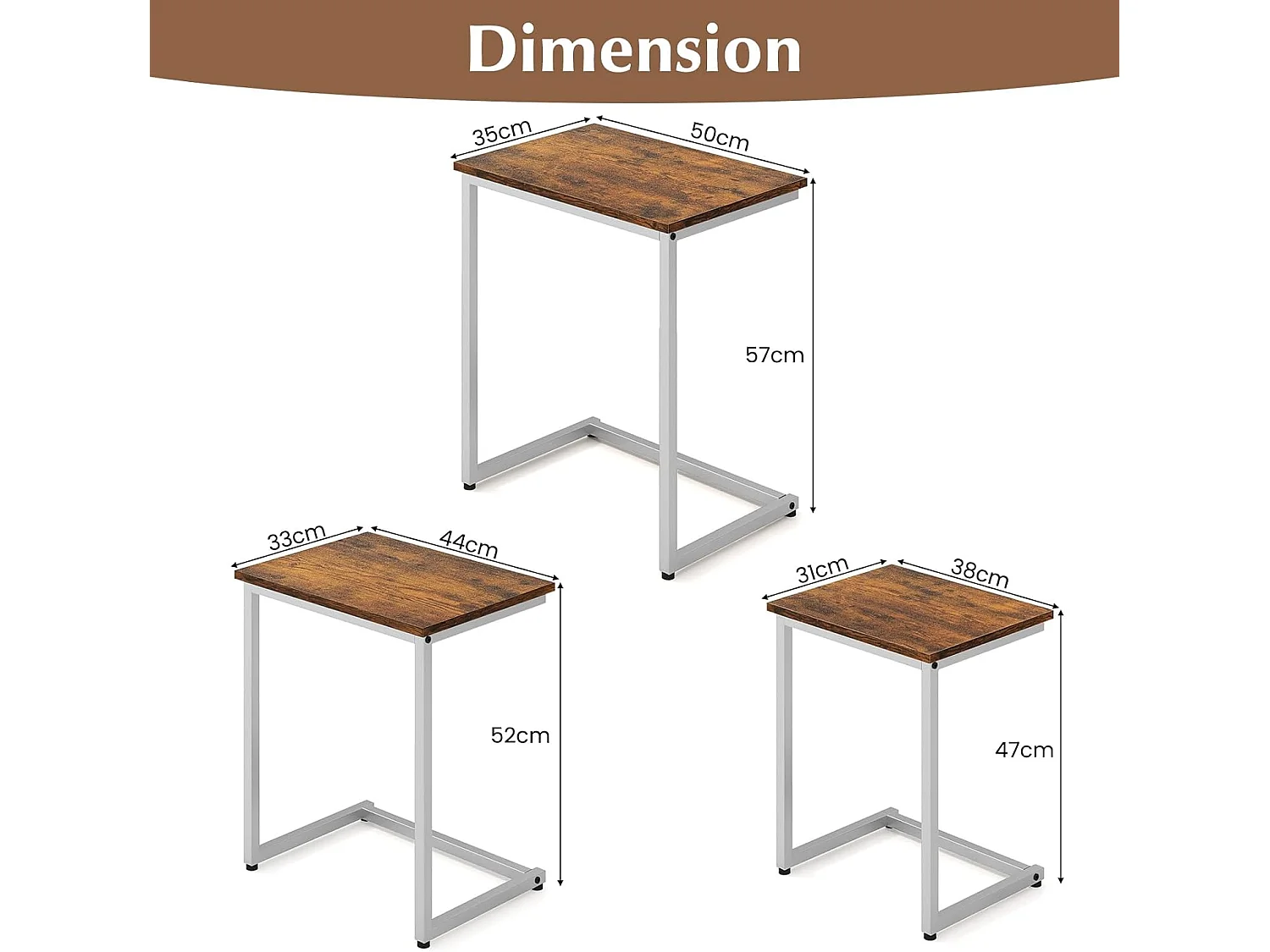 Tables basses gigognes lot de 3, table gigogne en métal,  50/44/38 cm, en forme c (gris)