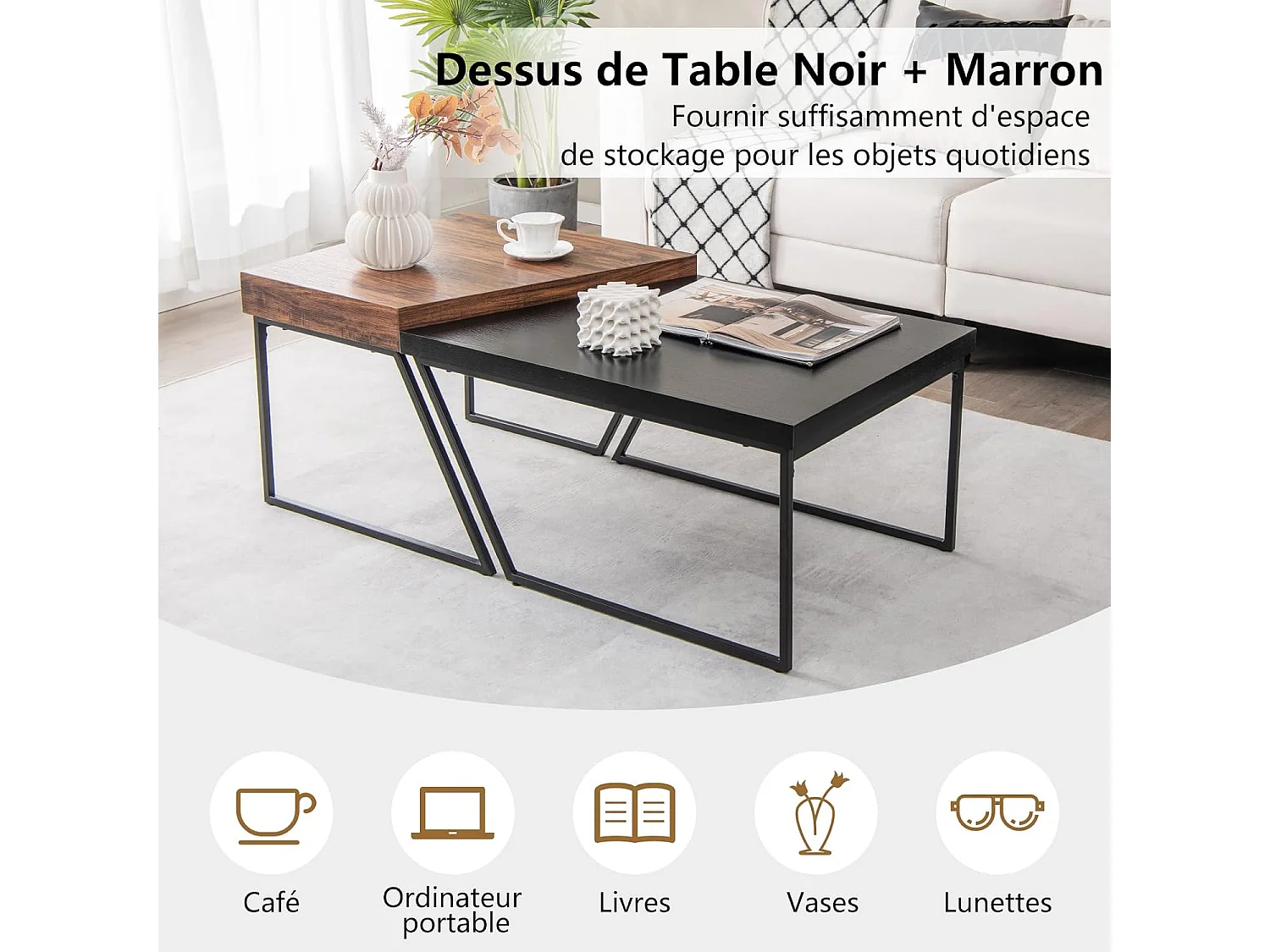 Lot de 2 tables basses gigognes avec cadre métal, patins rotatifs à 360°,120 x 60 x 46 cm