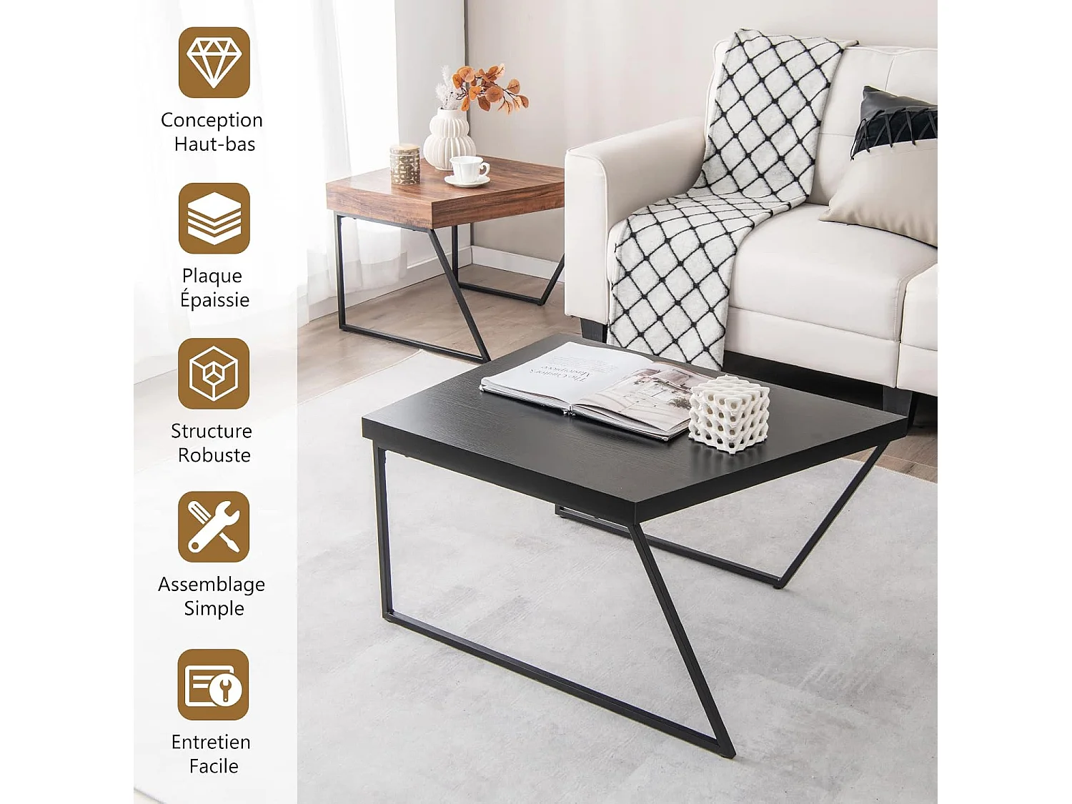 Lot de 2 tables basses gigognes avec cadre métal, patins rotatifs à 360°,120 x 60 x 46 cm