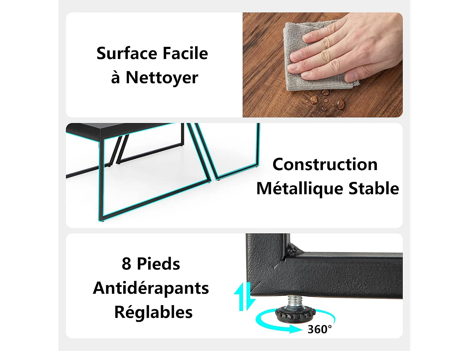 Lot de 2 tables basses gigognes avec cadre métal, patins rotatifs à 360°,120 x 60 x 46 cm