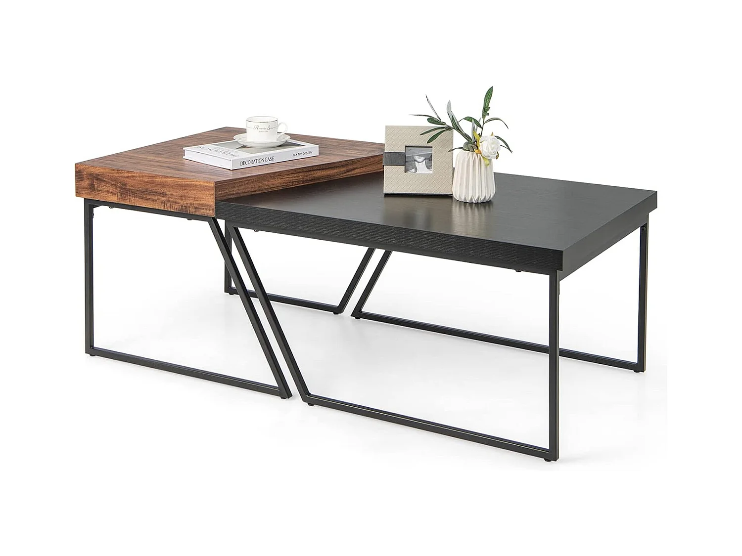 Lot de 2 tables basses gigognes avec cadre métal, patins rotatifs à 360°,120 x 60 x 46 cm