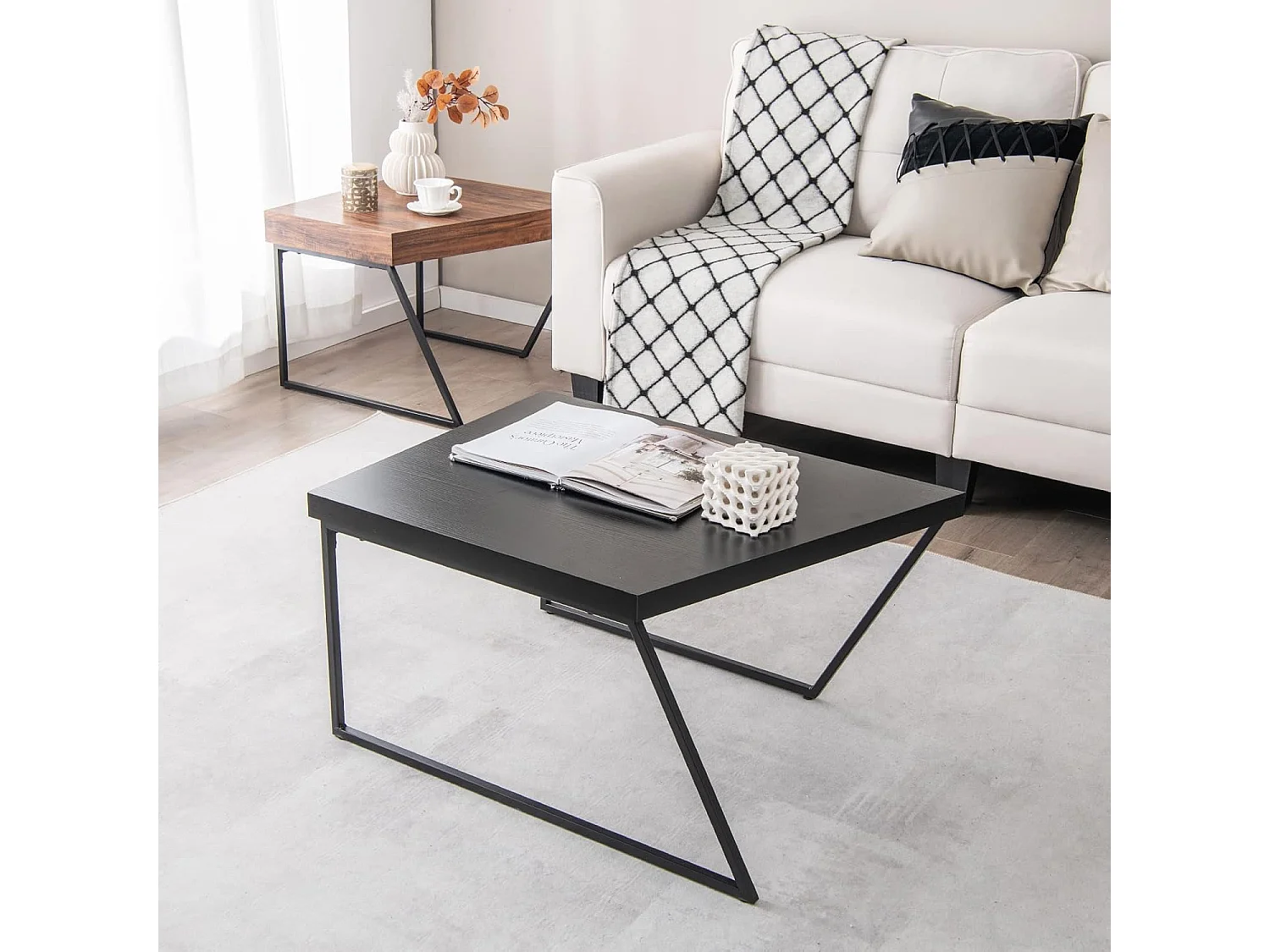 Lot de 2 tables basses gigognes avec cadre métal, patins rotatifs à 360°,120 x 60 x 46 cm