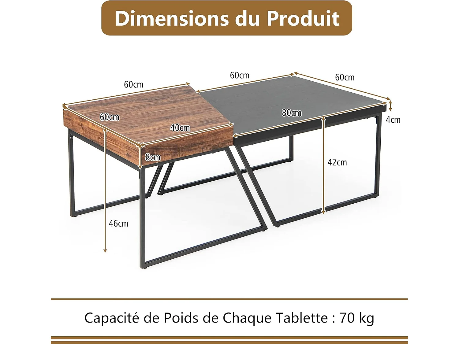 Lot de 2 tables basses gigognes avec cadre métal, patins rotatifs à 360°,120 x 60 x 46 cm