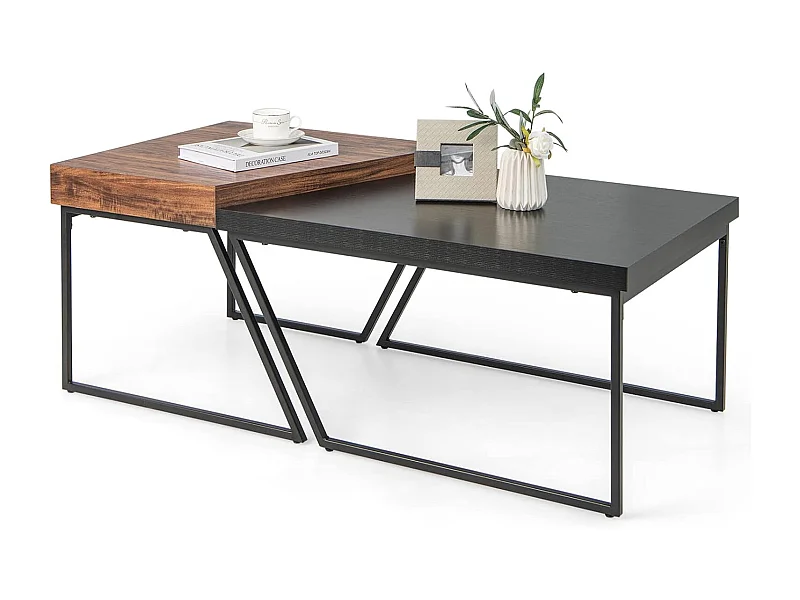 Lot de 2 tables basses gigognes avec cadre métal, patins rotatifs à 360°,120 x 60 x 46 cm