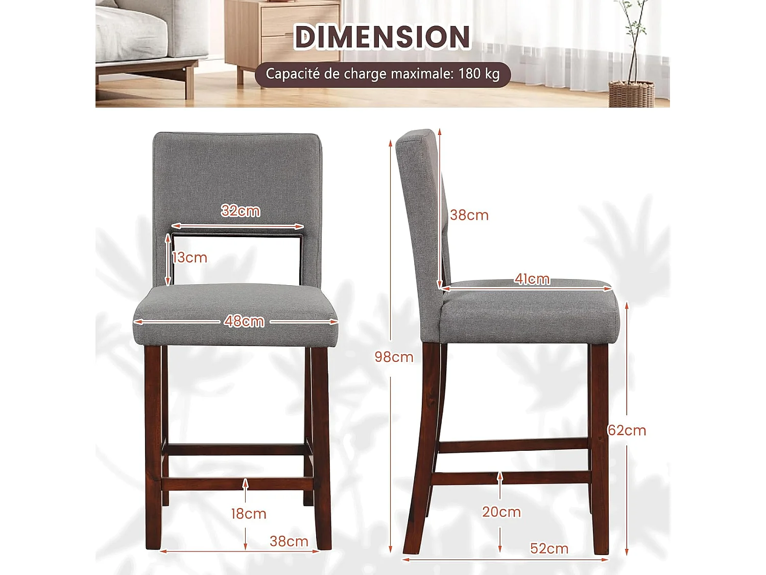 Chaise de Bar Lot de 2, Chaise Haute Bar avec Dossier et Repose-Pieds, Surface en Lin, Tabouret de Bar Rembourré Hauteur d’Assise 62 cm, Gris