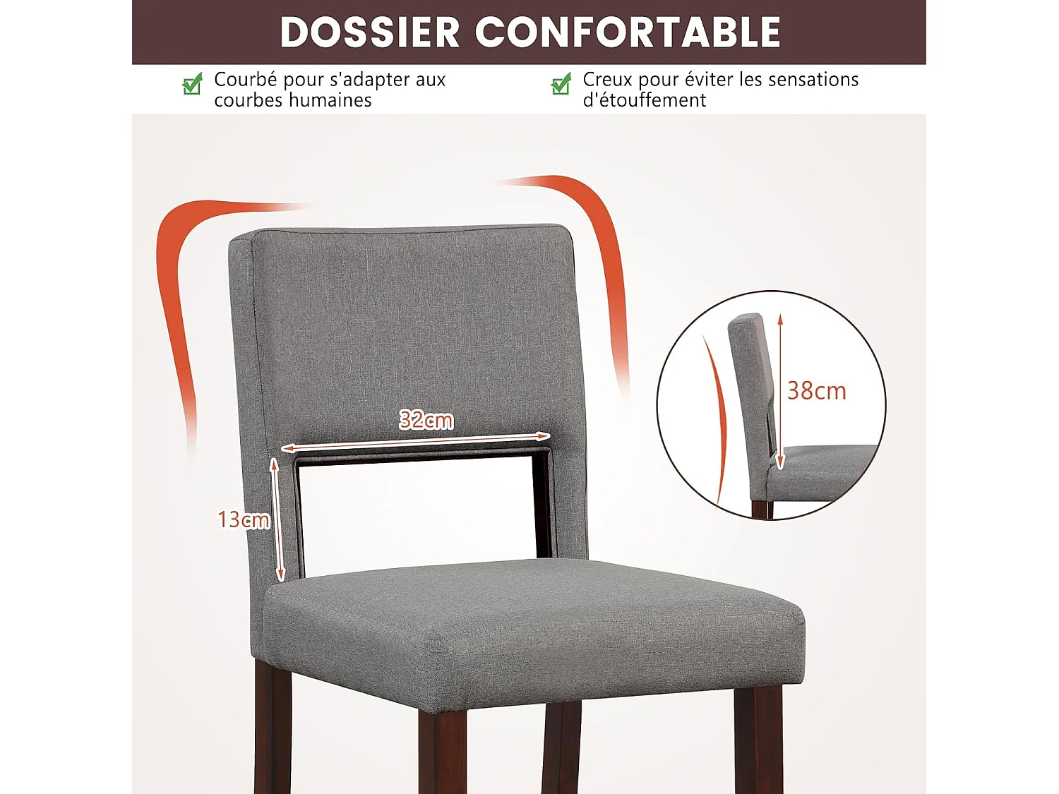 Chaise de Bar Lot de 2, Chaise Haute Bar avec Dossier et Repose-Pieds, Surface en Lin, Tabouret de Bar Rembourré Hauteur d’Assise 62 cm, Gris