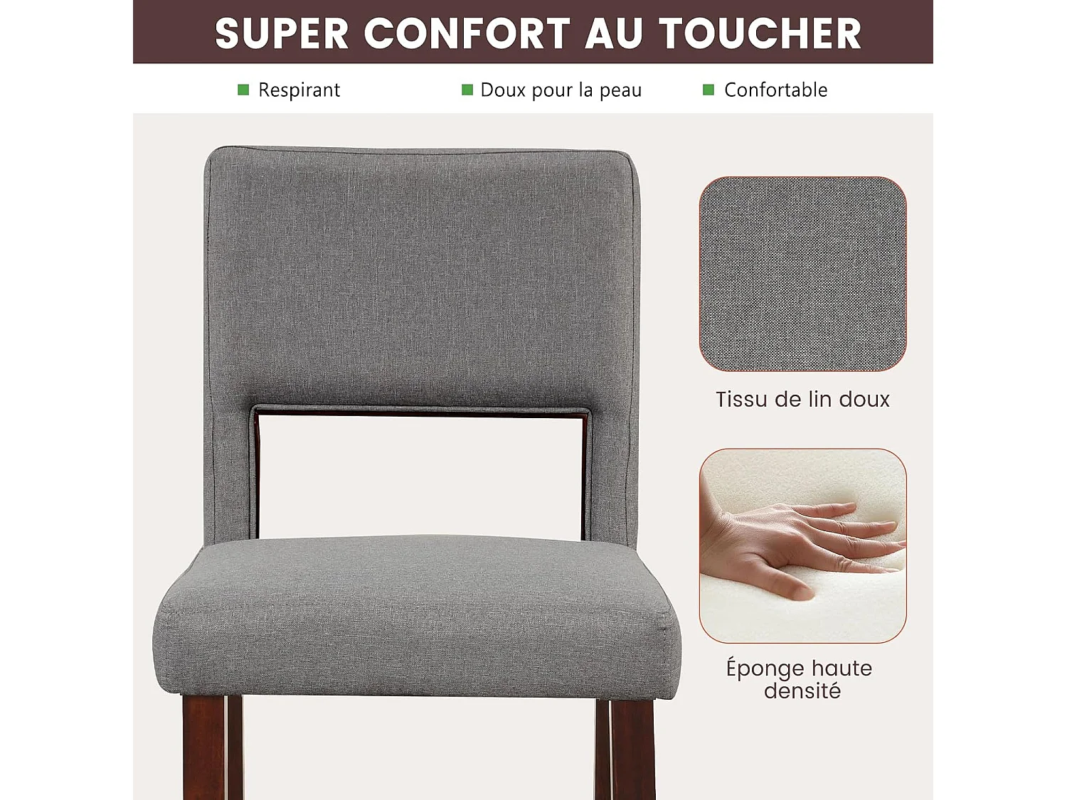 Chaise de Bar Lot de 2, Chaise Haute Bar avec Dossier et Repose-Pieds, Surface en Lin, Tabouret de Bar Rembourré Hauteur d’Assise 62 cm, Gris