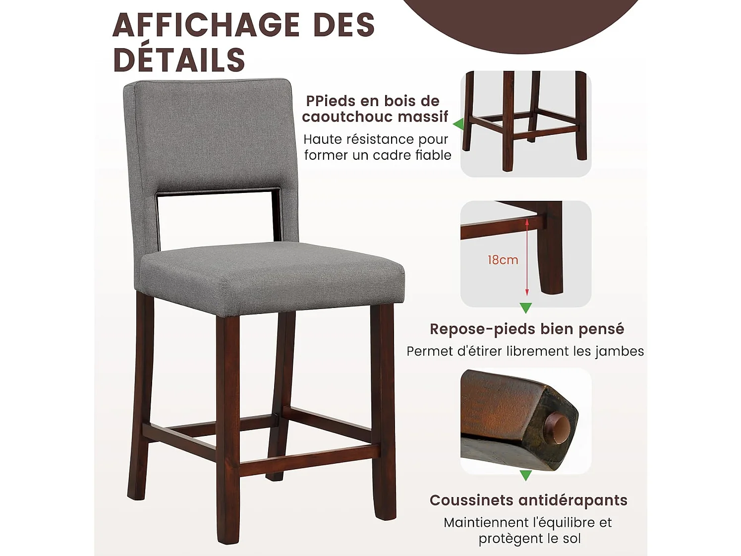 Chaise de Bar Lot de 2, Chaise Haute Bar avec Dossier et Repose-Pieds, Surface en Lin, Tabouret de Bar Rembourré Hauteur d’Assise 62 cm, Gris