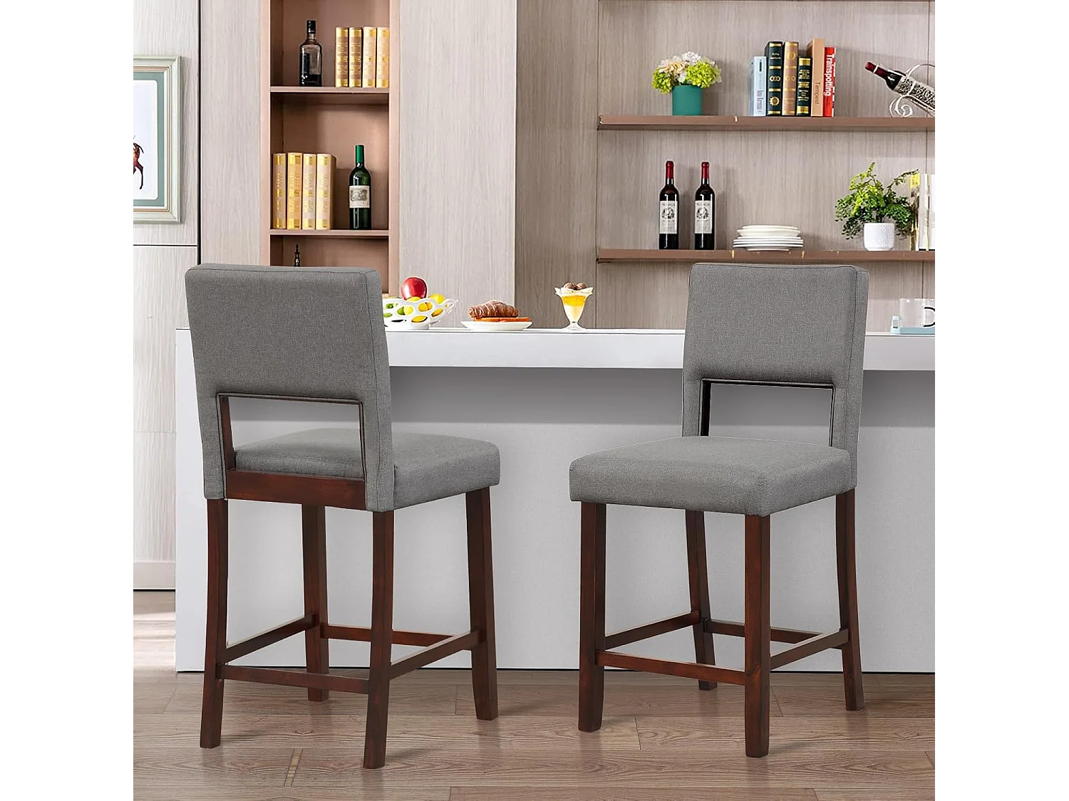 Chaise de Bar Lot de 2, Chaise Haute Bar avec Dossier et Repose-Pieds, Surface en Lin, Tabouret de Bar Rembourré Hauteur d’Assise 62 cm, Gris