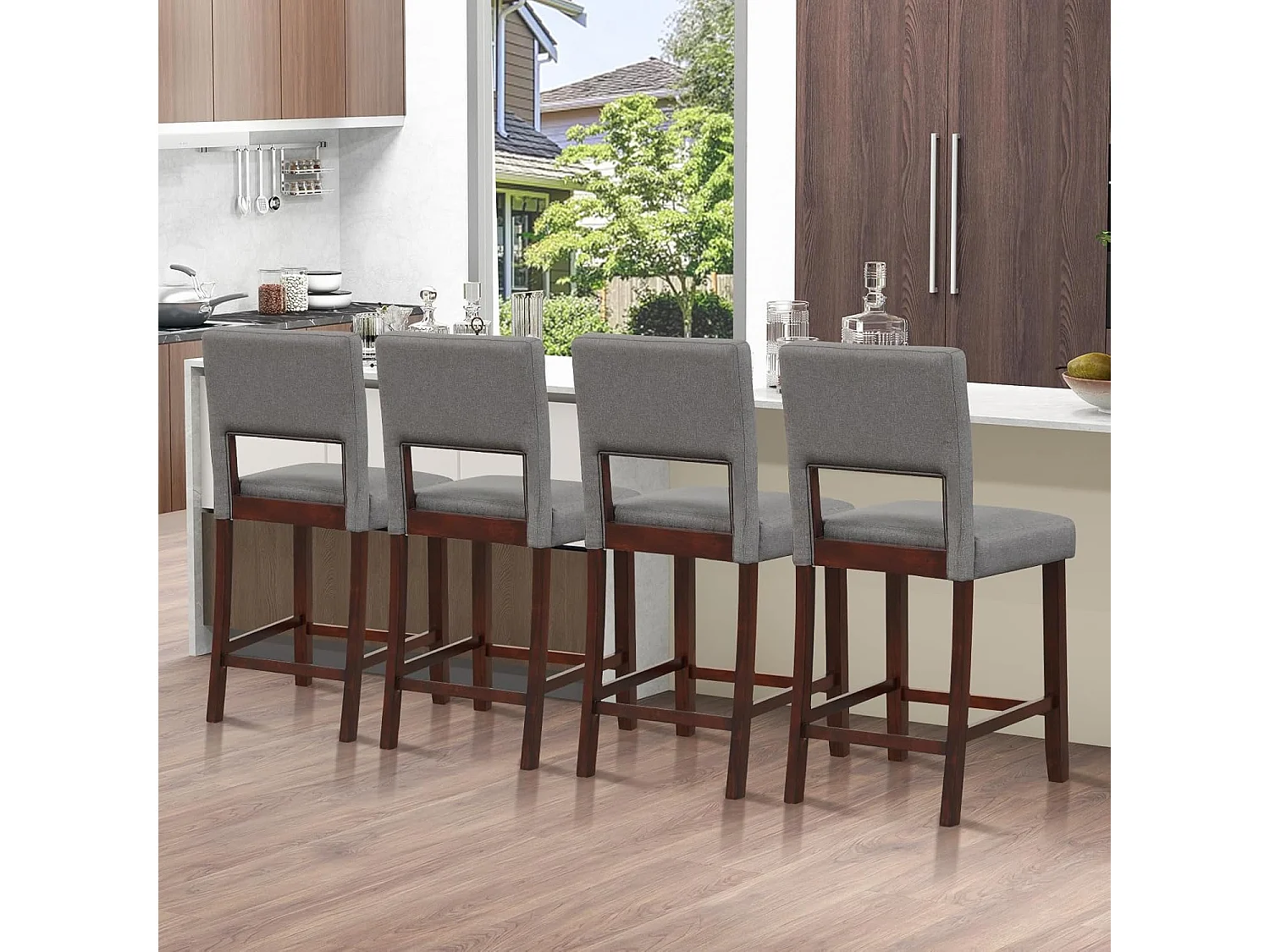 Chaise de Bar Lot de 2, Chaise Haute Bar avec Dossier et Repose-Pieds, Surface en Lin, Tabouret de Bar Rembourré Hauteur d’Assise 62 cm, Gris