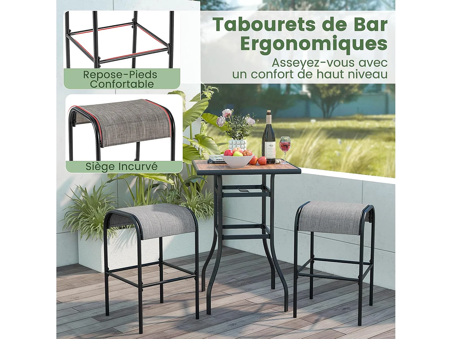 Tabourets de bar en métal,hauteur d’assise 76 cm, siège en tissu incurvé, charge 180kg