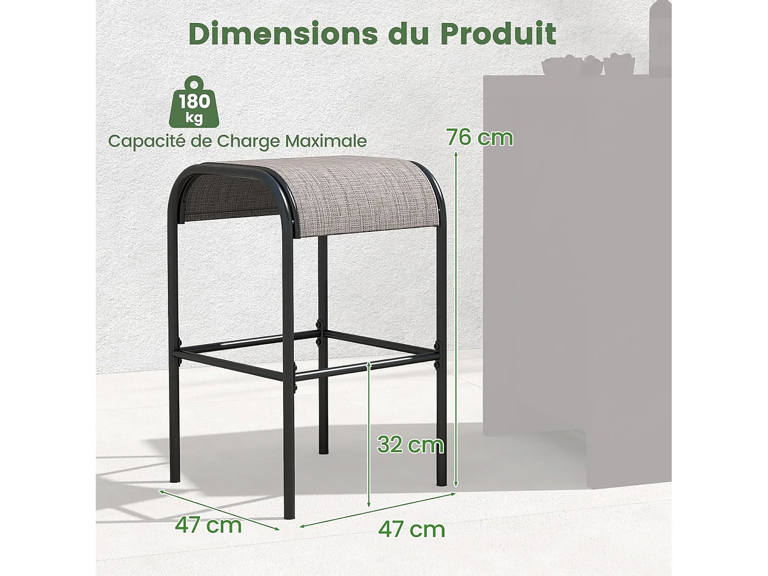 Tabourets de bar en métal,hauteur d’assise 76 cm, siège en tissu incurvé, charge 180kg