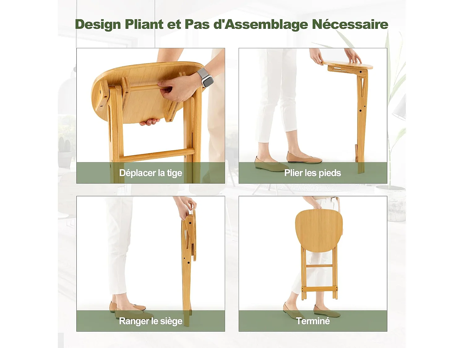 Lot de 2 tabourets de bar pliants en bambou, avec repose-pieds poignées, 36 x 33 x 61 cm