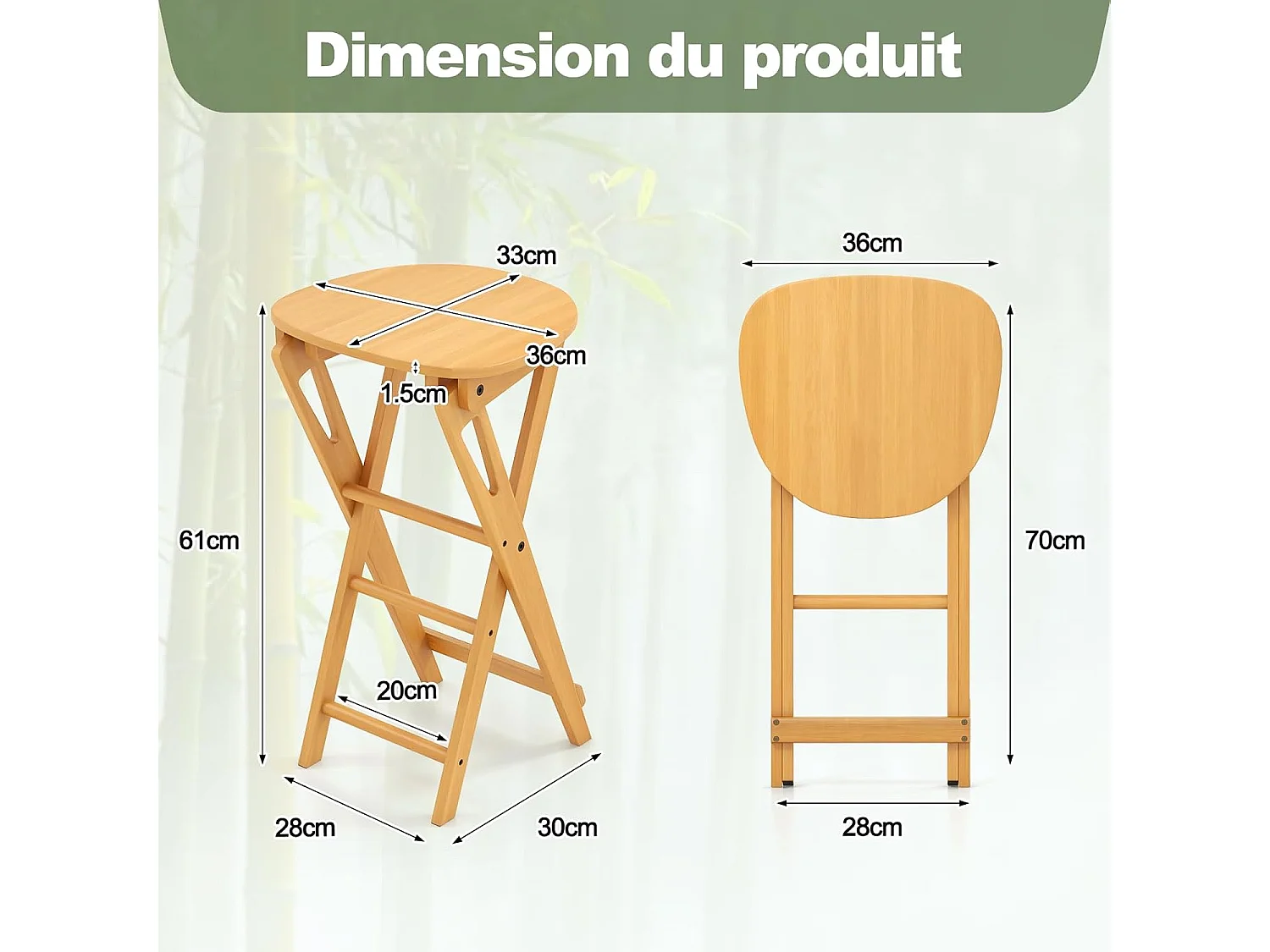 Lot de 2 tabourets de bar pliants en bambou, avec repose-pieds poignées, 36 x 33 x 61 cm