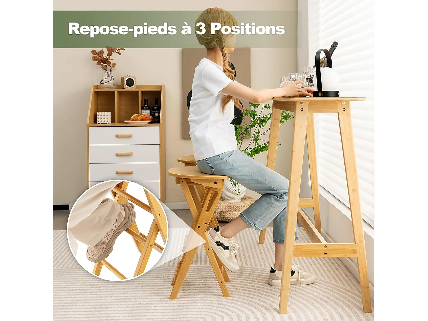 Lot de 2 tabourets de bar pliants en bambou, avec repose-pieds poignées, 36 x 33 x 61 cm