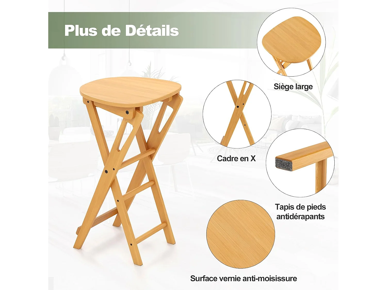Lot de 2 tabourets de bar pliants en bambou, avec repose-pieds poignées, 36 x 33 x 61 cm