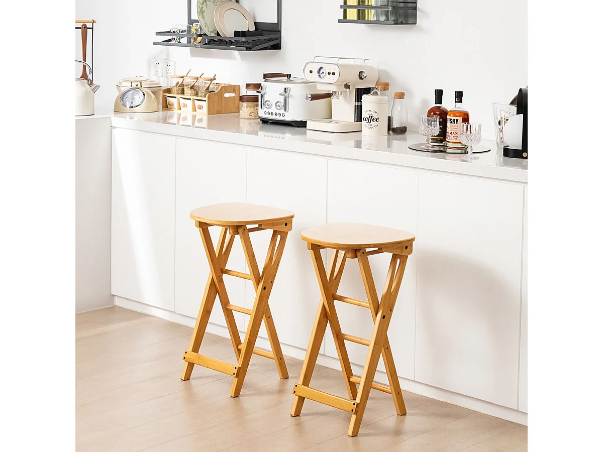 Lot de 2 tabourets de bar pliants en bambou, avec repose-pieds poignées, 36 x 33 x 61 cm