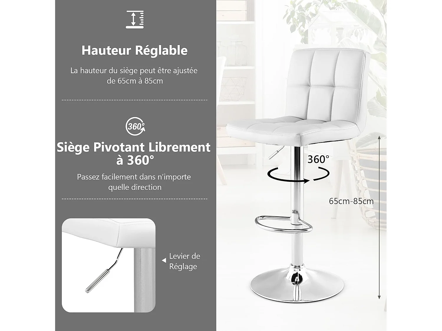 Tabouret de bar, pivotante, hauteur réglable 65-85 cm, repose-pieds,avec dossier (Blanc,1)