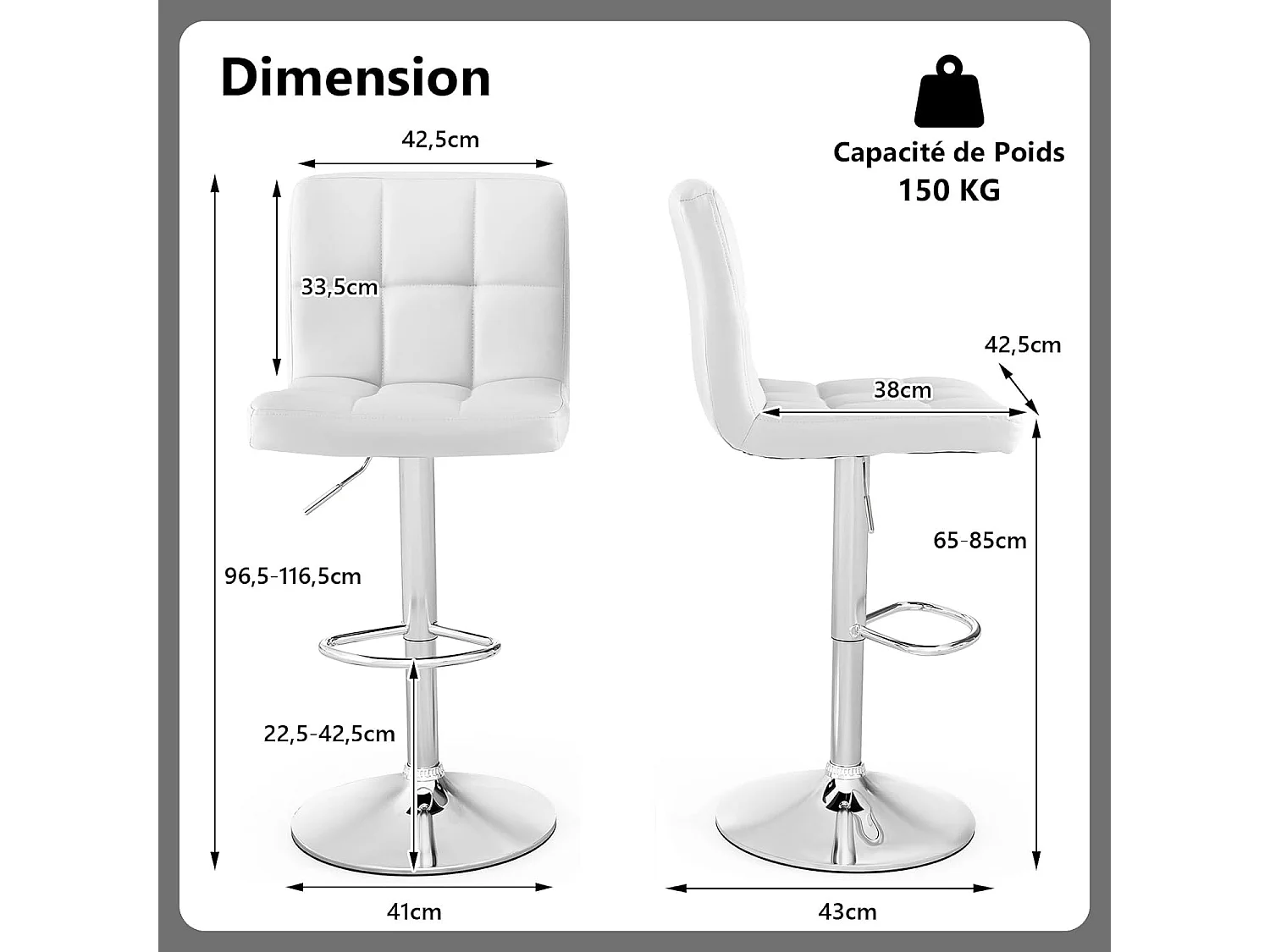 Tabouret de bar, pivotante, hauteur réglable 65-85 cm, repose-pieds,avec dossier (Blanc,1)