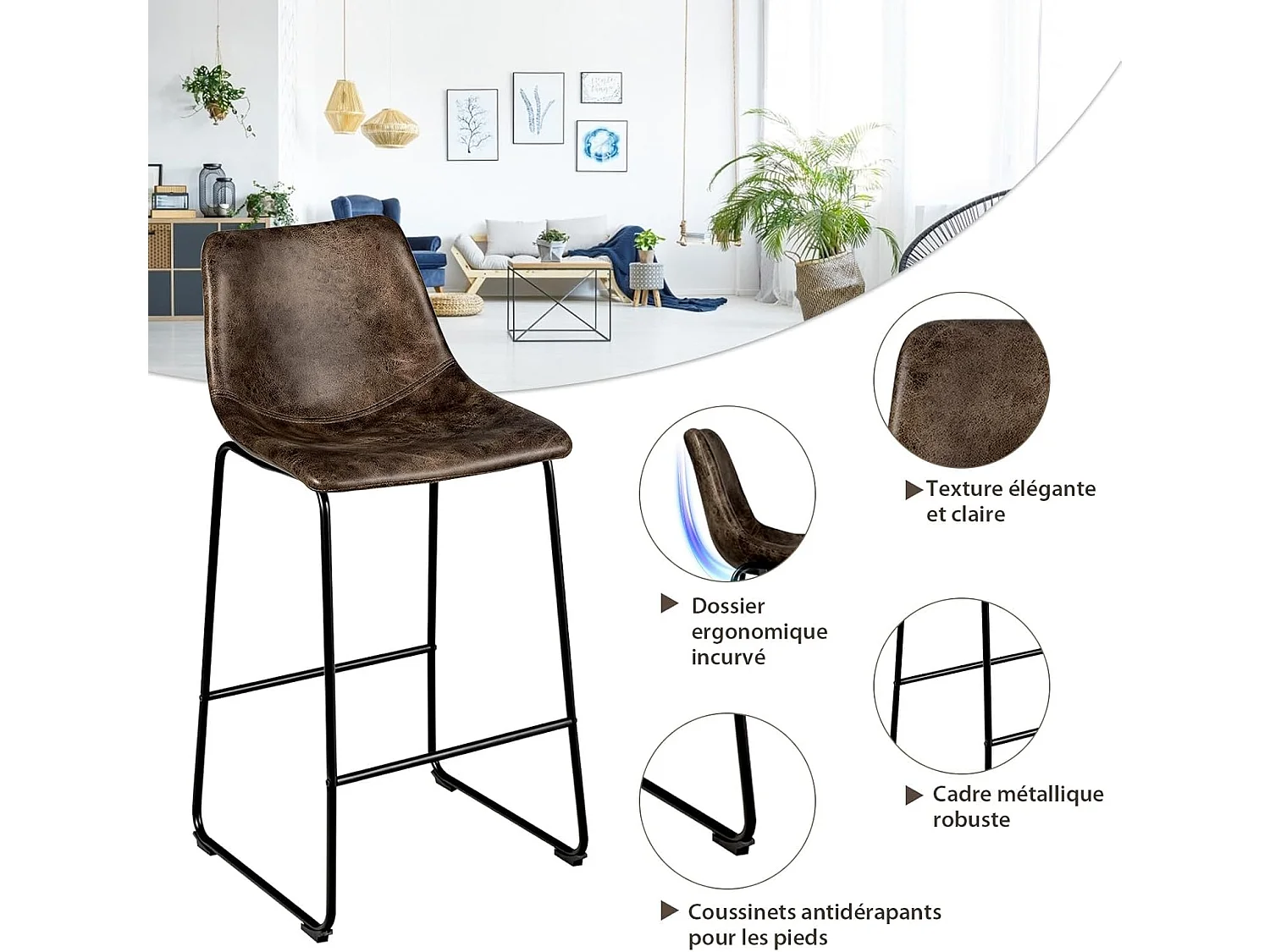 Tabourets de Bar (lot de 2), Repose-pieds, Hauteur assise 75cm, Marron Rustique