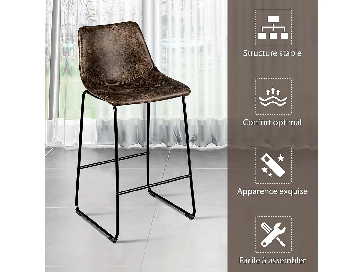 Tabourets de Bar (lot de 2), Repose-pieds, Hauteur assise 75cm, Marron Rustique