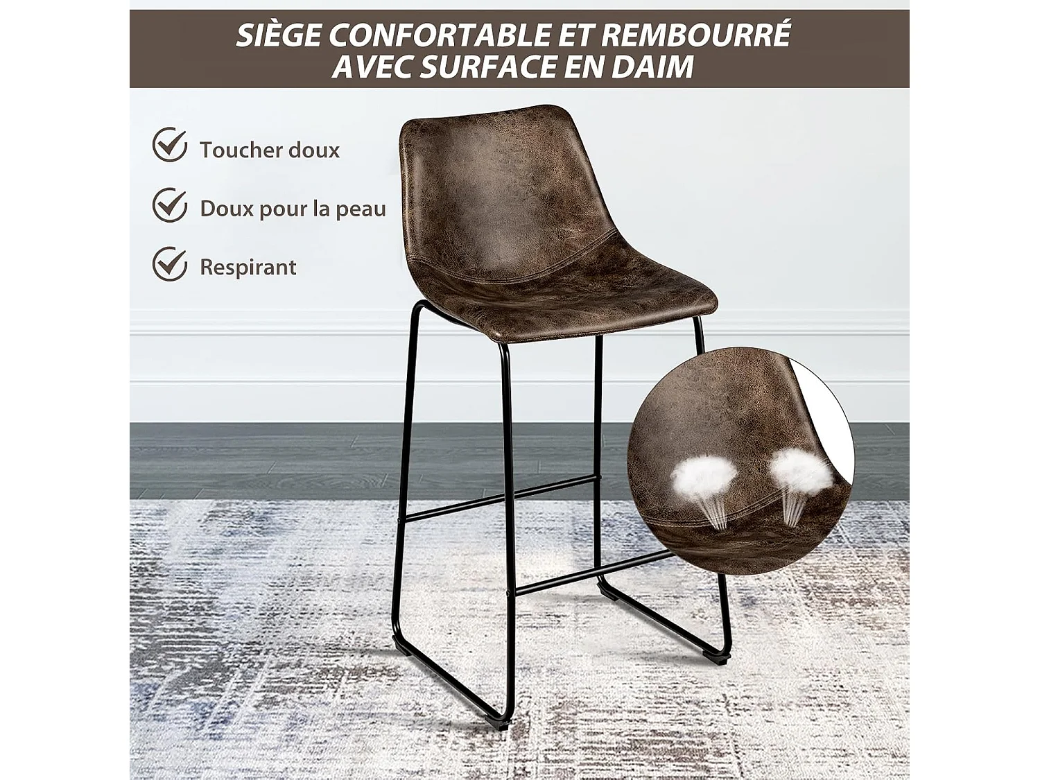 Tabourets de Bar (lot de 2), Repose-pieds, Hauteur assise 75cm, Marron Rustique
