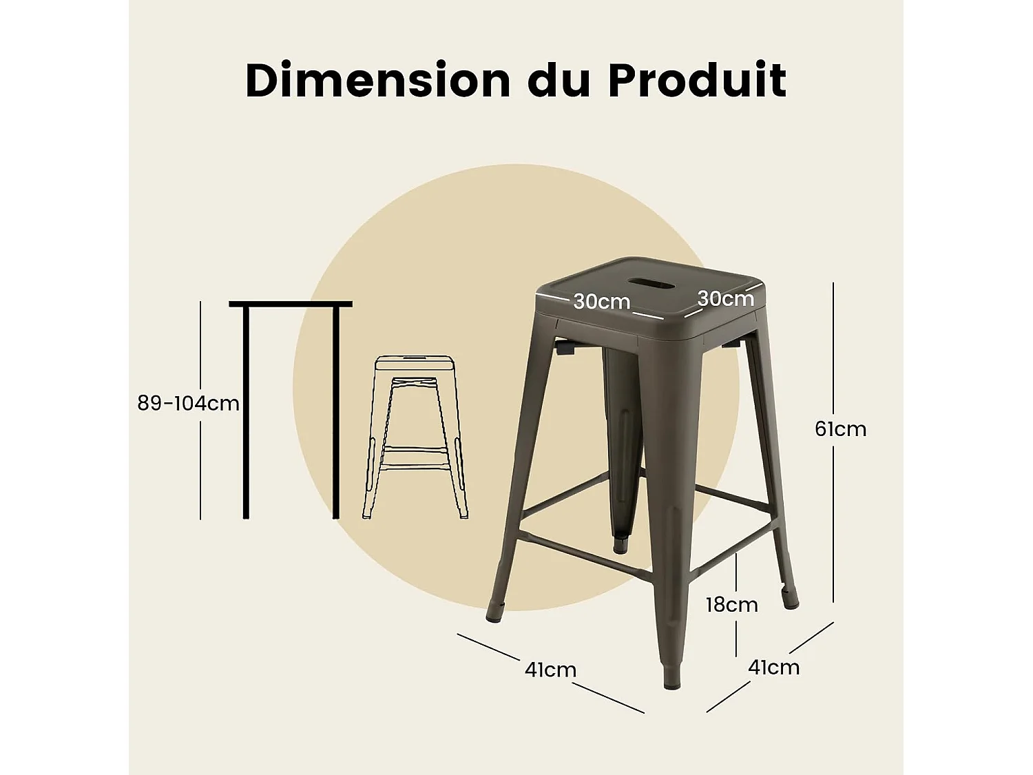 Lot de 4 tabouret de bar empilable, métal, hauteur 61 cm,charge 150kg(gris industriel)