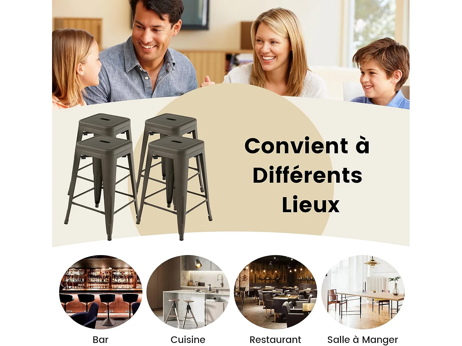 Lot de 4 tabouret de bar empilable, métal, hauteur 61 cm,charge 150kg(gris industriel)