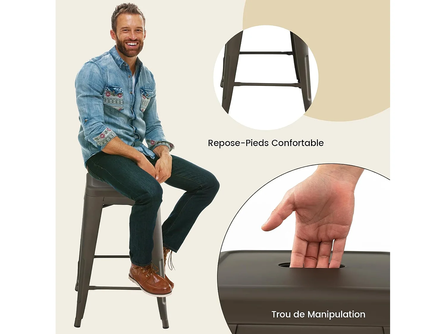 Lot de 4 tabouret de bar empilable, métal, hauteur 61 cm,charge 150kg(gris industriel)