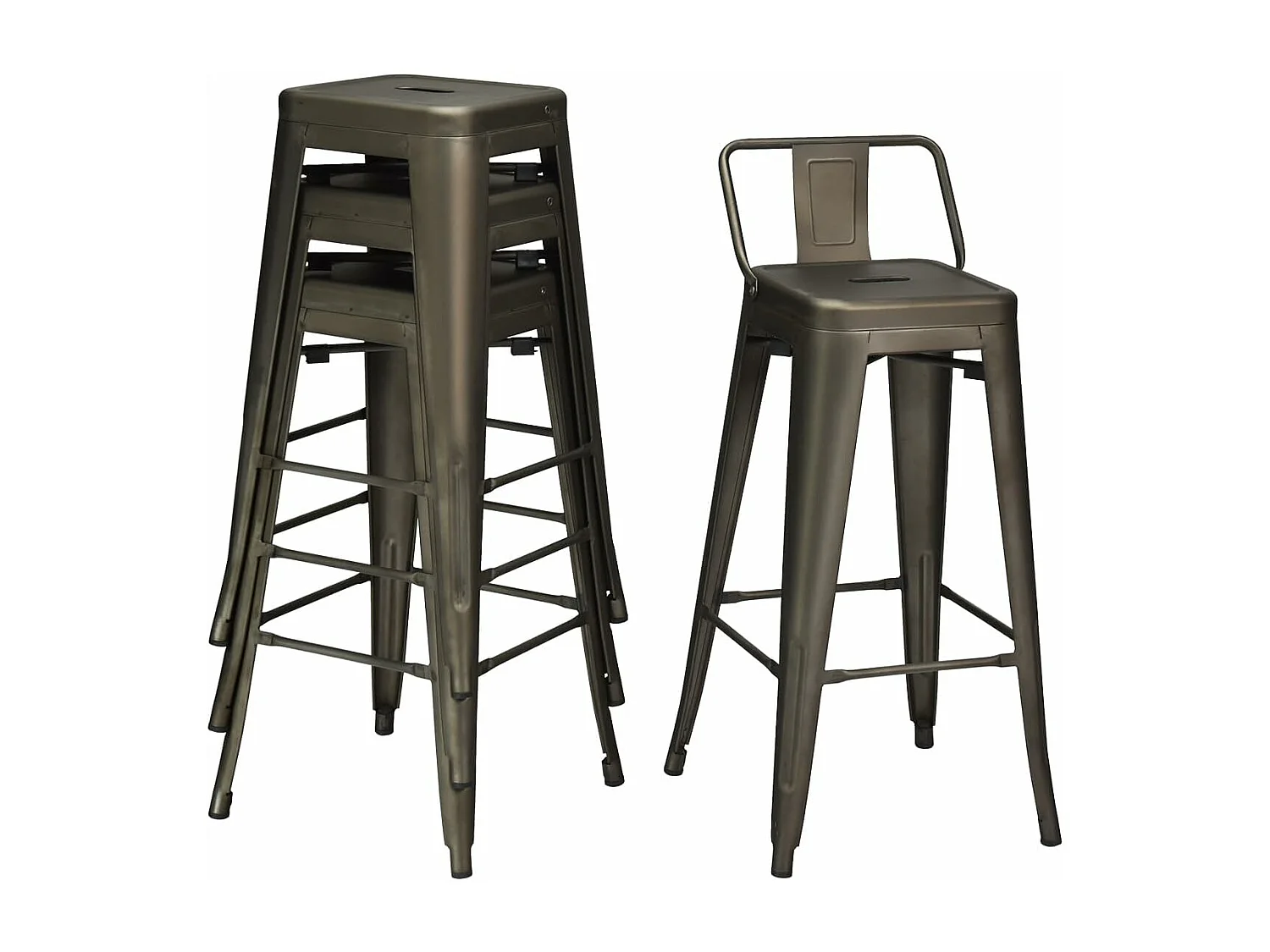 Lot 4 tabourets de bar empilable en métal avec dossier amovible (gris industriel)