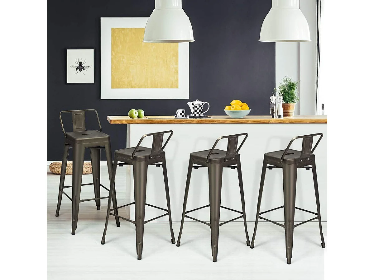 Lot 4 tabourets de bar empilable en métal avec dossier amovible (gris industriel)