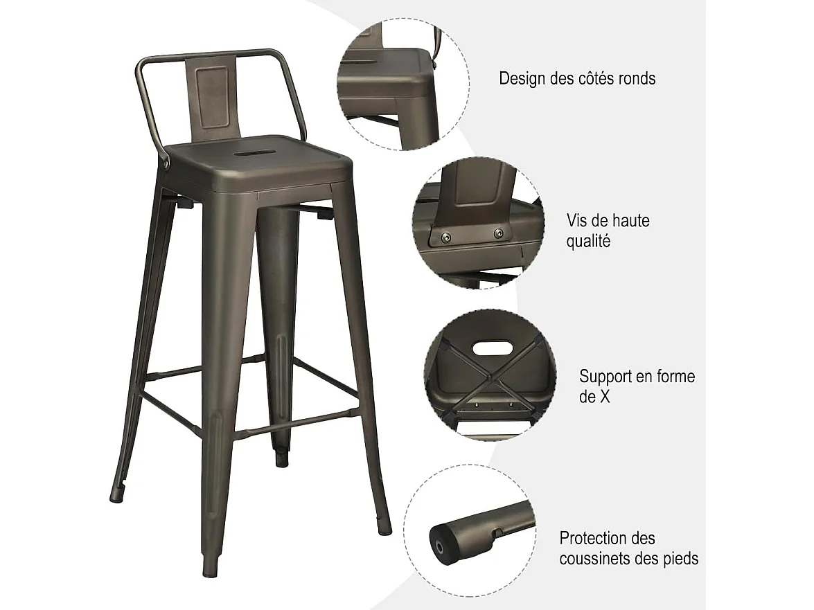 Lot 4 tabourets de bar empilable en métal avec dossier amovible (gris industriel)