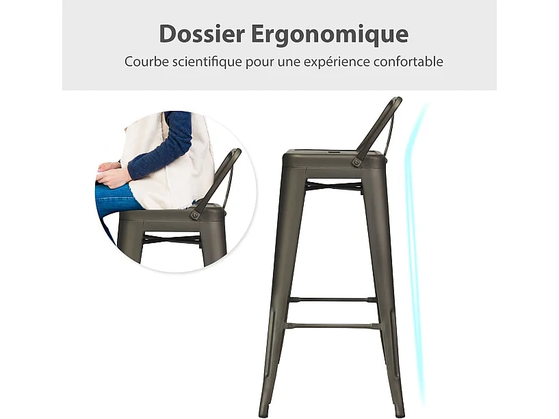 Lot 4 tabourets de bar empilable en métal avec dossier amovible (gris industriel)