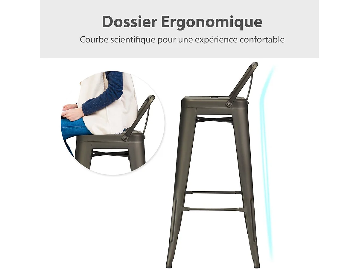 Lot 4 tabourets de bar empilable en métal avec dossier amovible (gris industriel)