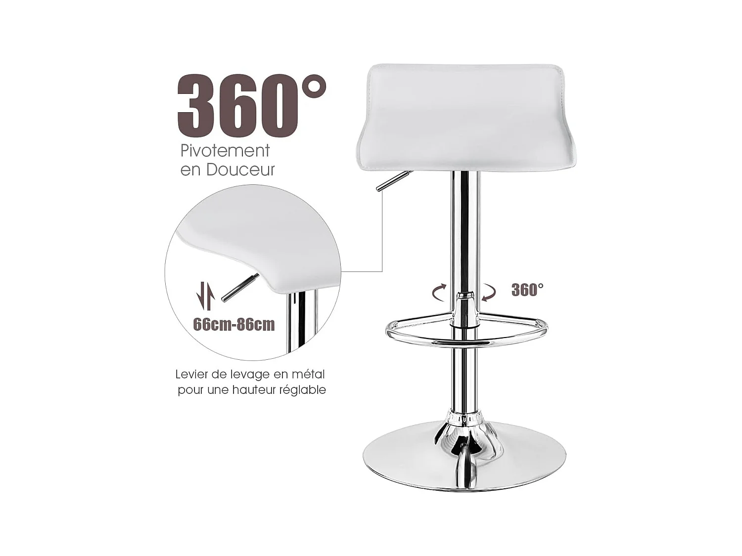 Tabouret de bar, chaise bar lot de 2, hauteur réglable, rotatif sur 360° (blanc)