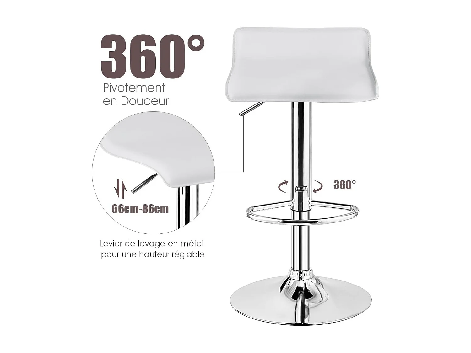 Tabouret de bar, chaise bar lot de 2, hauteur réglable, rotatif sur 360° (blanc)