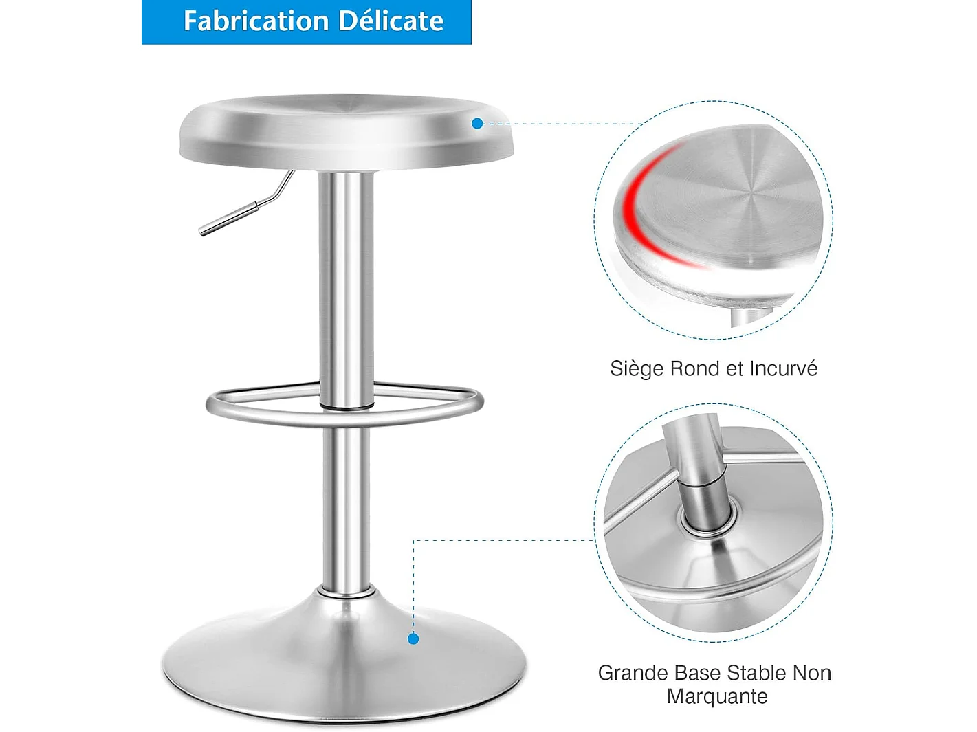 Tabourets de bar réglable, chaise de bar en acier inox avec repose-pieds