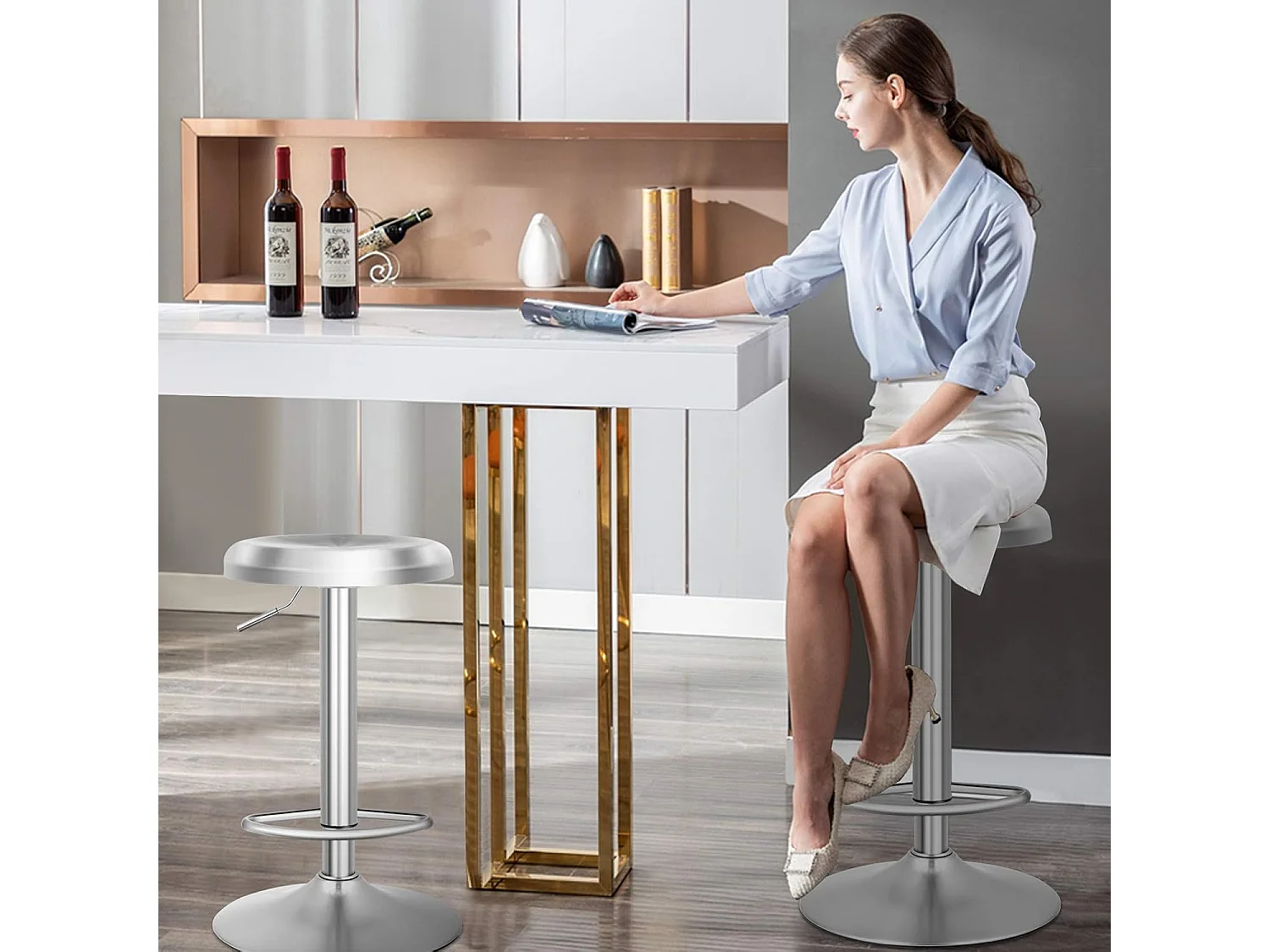 Tabourets de bar réglable, chaise de bar en acier inox avec repose-pieds