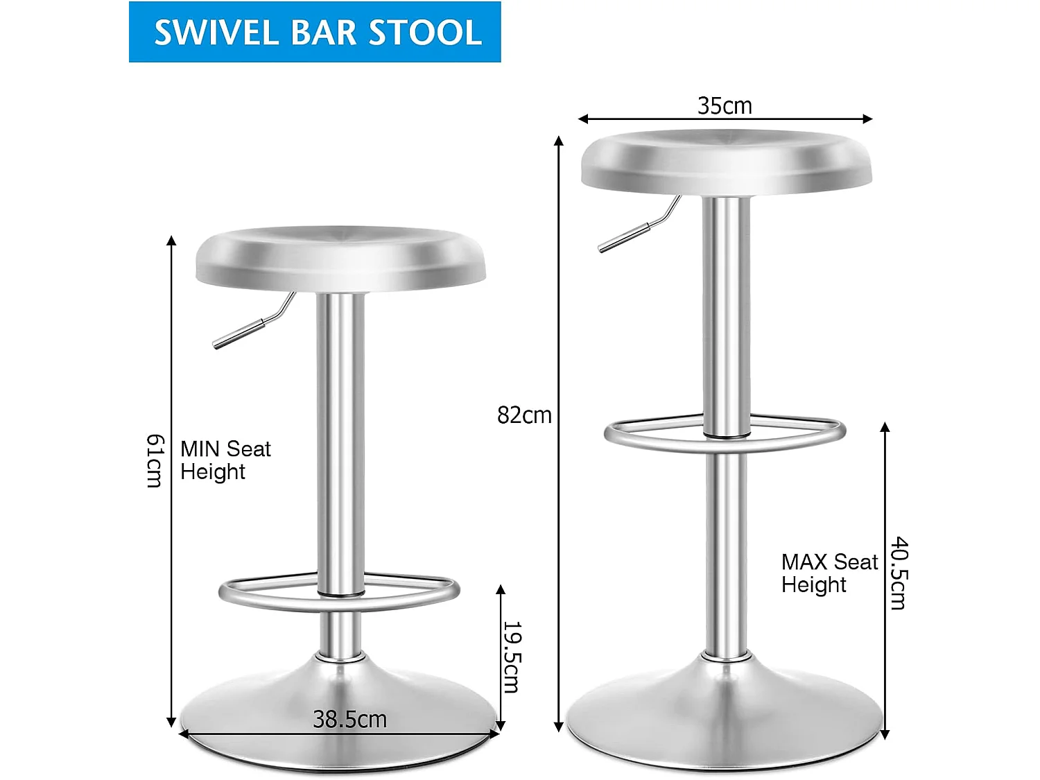 Tabourets de bar réglable, chaise de bar en acier inox avec repose-pieds