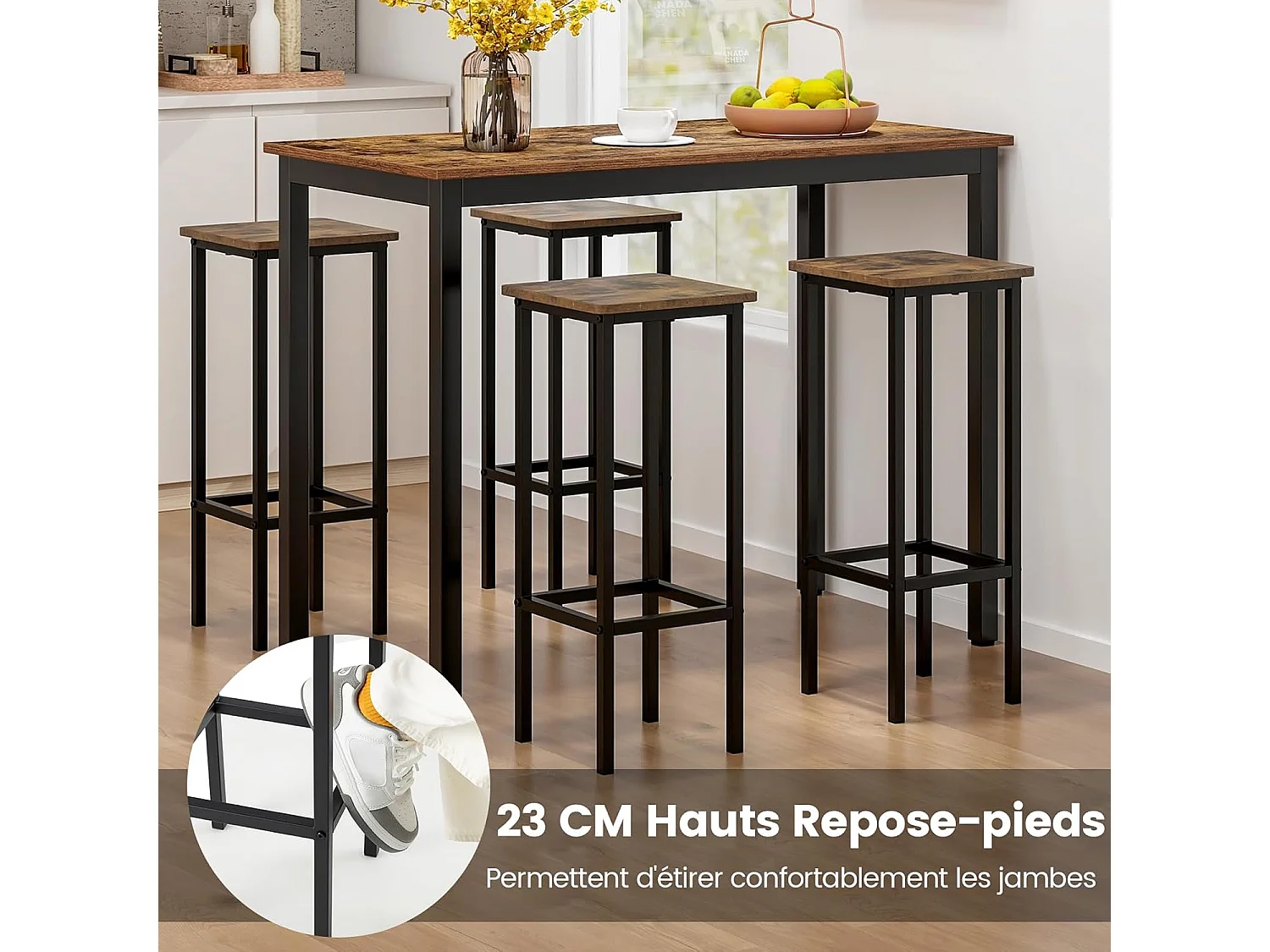 Tabouret Bar Lot de 4, Chaise de Bar H72 CM, Chaise Haute Bar avec Repose-Pieds, Pieds en Métal, Chaise Bar Industrielle pour Pub, Café, Comptoir