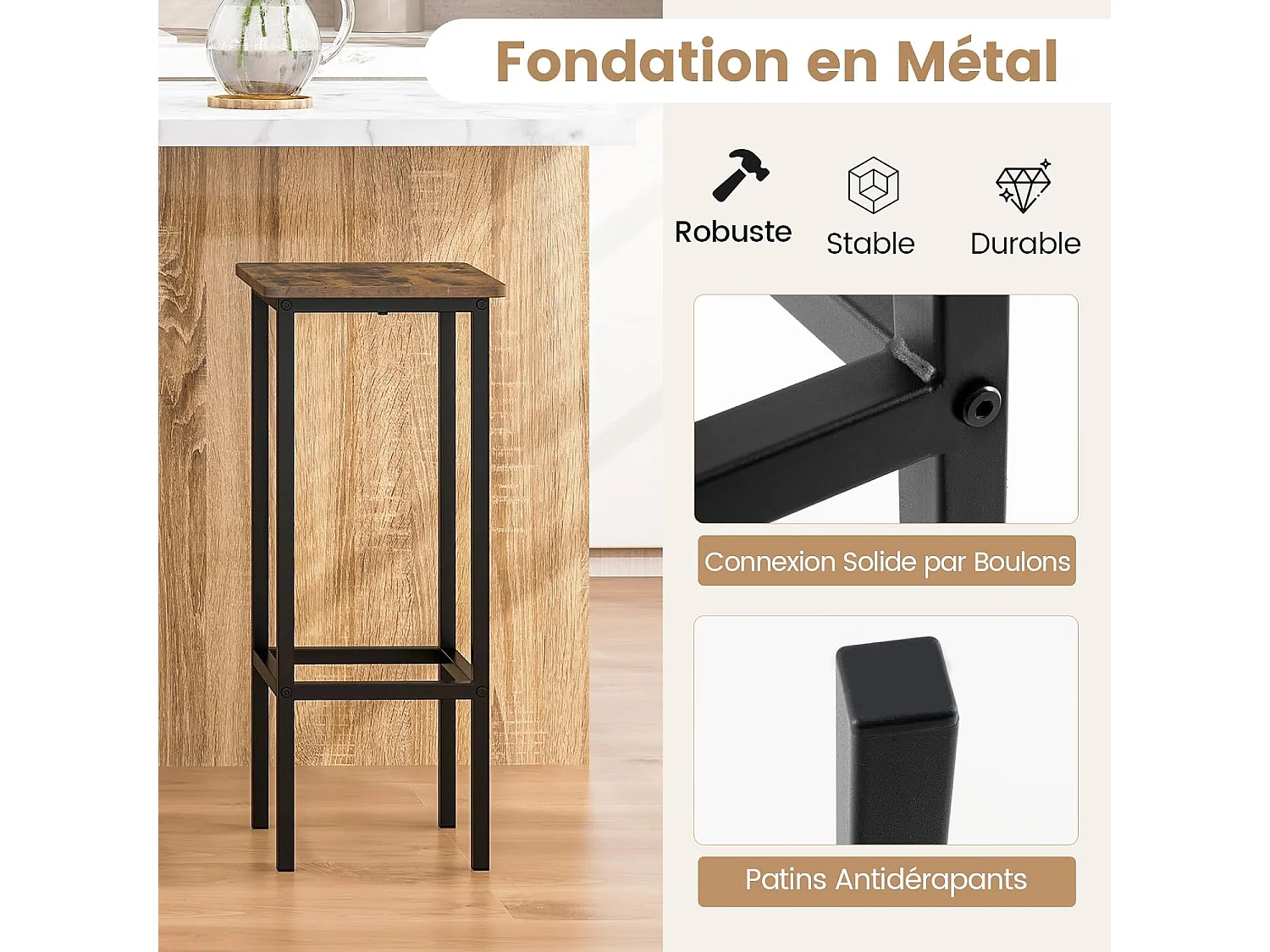 Tabouret Bar Lot de 4, Chaise de Bar H72 CM, Chaise Haute Bar avec Repose-Pieds, Pieds en Métal, Chaise Bar Industrielle pour Pub, Café, Comptoir