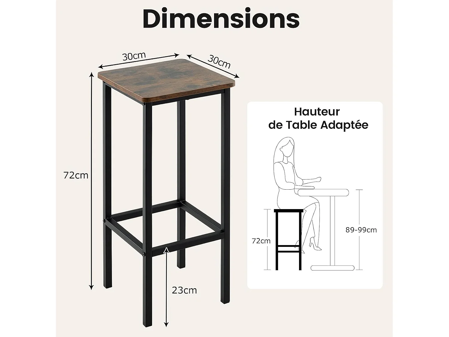 Tabouret Bar Lot de 4, Chaise de Bar H72 CM, Chaise Haute Bar avec Repose-Pieds, Pieds en Métal, Chaise Bar Industrielle pour Pub, Café, Comptoir