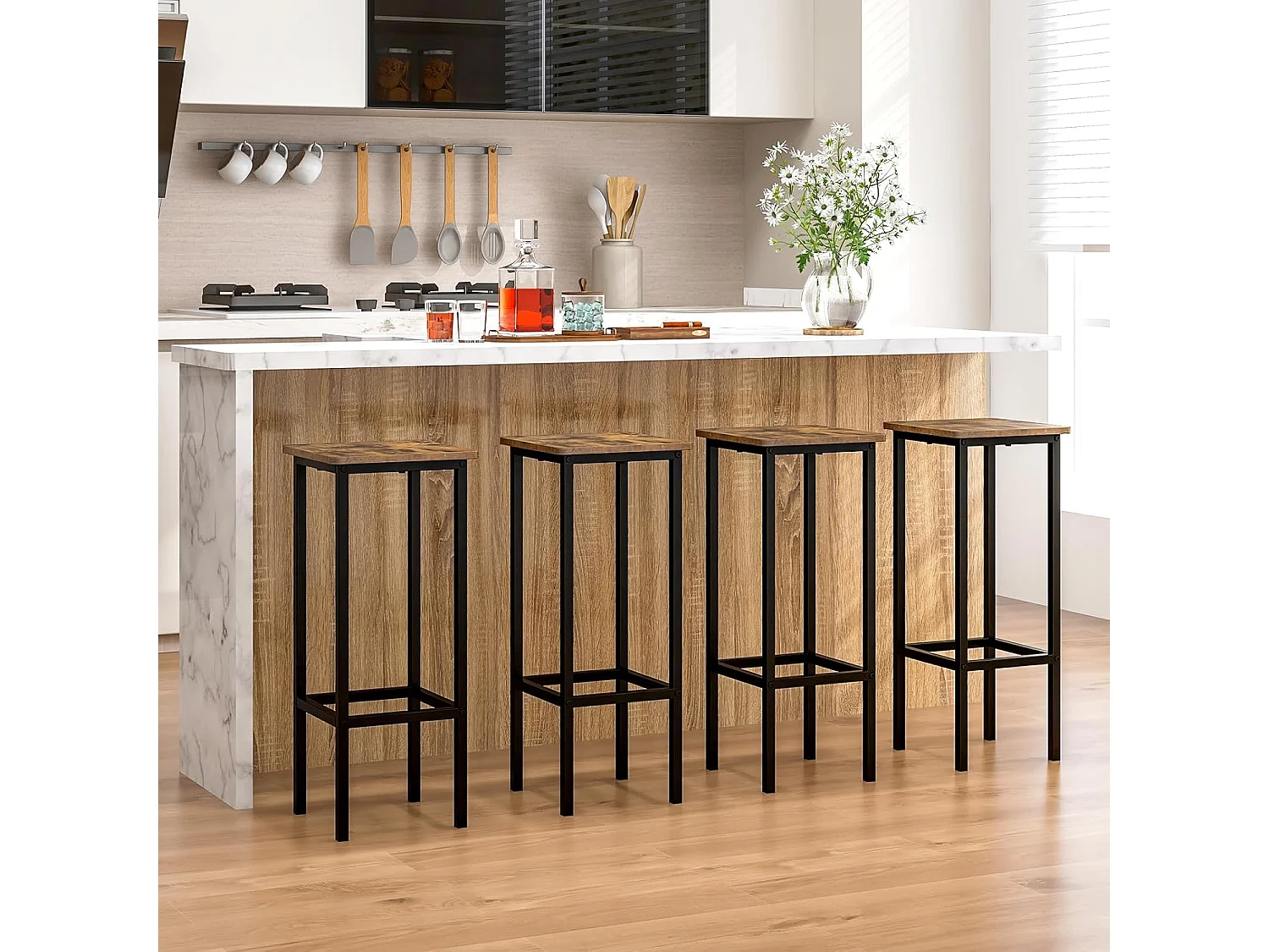 Tabouret Bar Lot de 4, Chaise de Bar H72 CM, Chaise Haute Bar avec Repose-Pieds, Pieds en Métal, Chaise Bar Industrielle pour Pub, Café, Comptoir