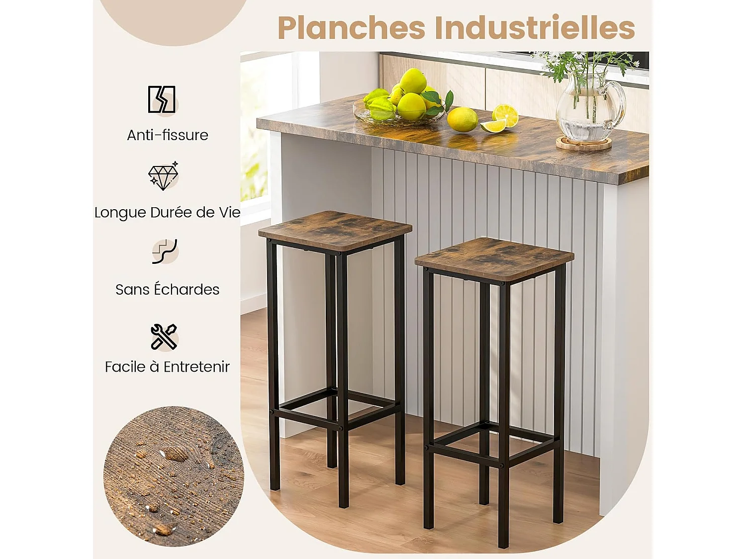 Tabouret Bar Lot de 4, Chaise de Bar H72 CM, Chaise Haute Bar avec Repose-Pieds, Pieds en Métal, Chaise Bar Industrielle pour Pub, Café, Comptoir