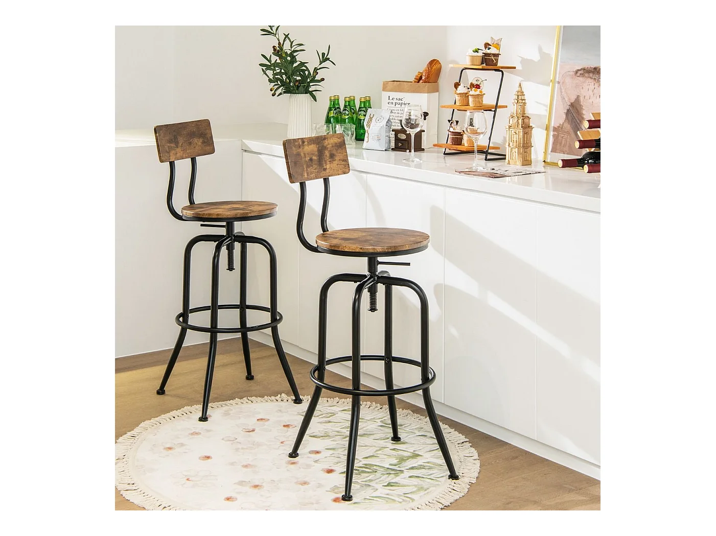 Lot de 2 Tabourets de Bar, Hauteur Réglable de 69 à 76 CM, Chaise Haute Bar avec Dossier Détachable et Repose-Pieds, Cadre en Métal, Chaise de Bar Industrielle